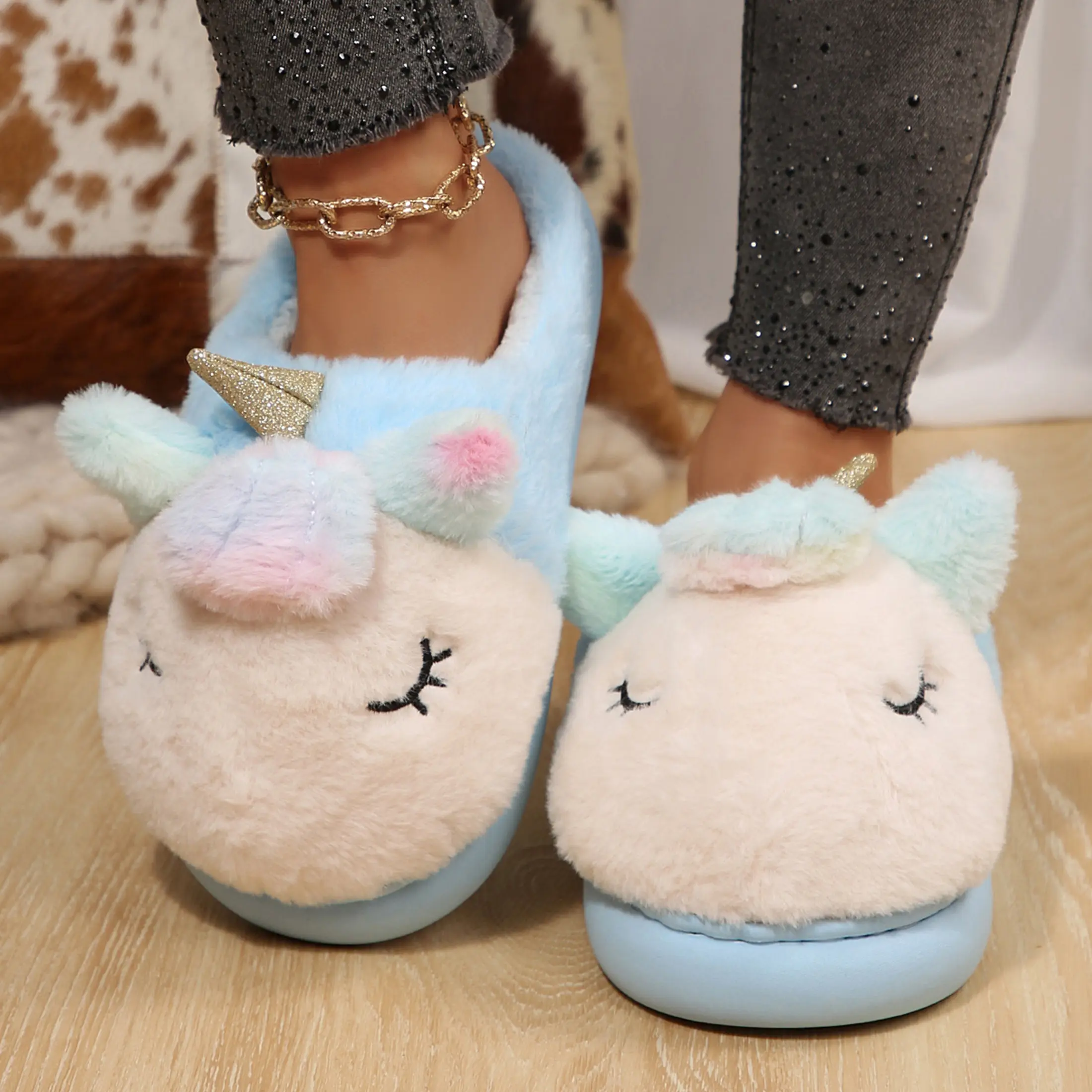 Cute Unicorn Slippers for Women Fluffy Winter Warm Plush Unicorn Slippers Slip On Rubber Sole Non-Slip Home Shoes