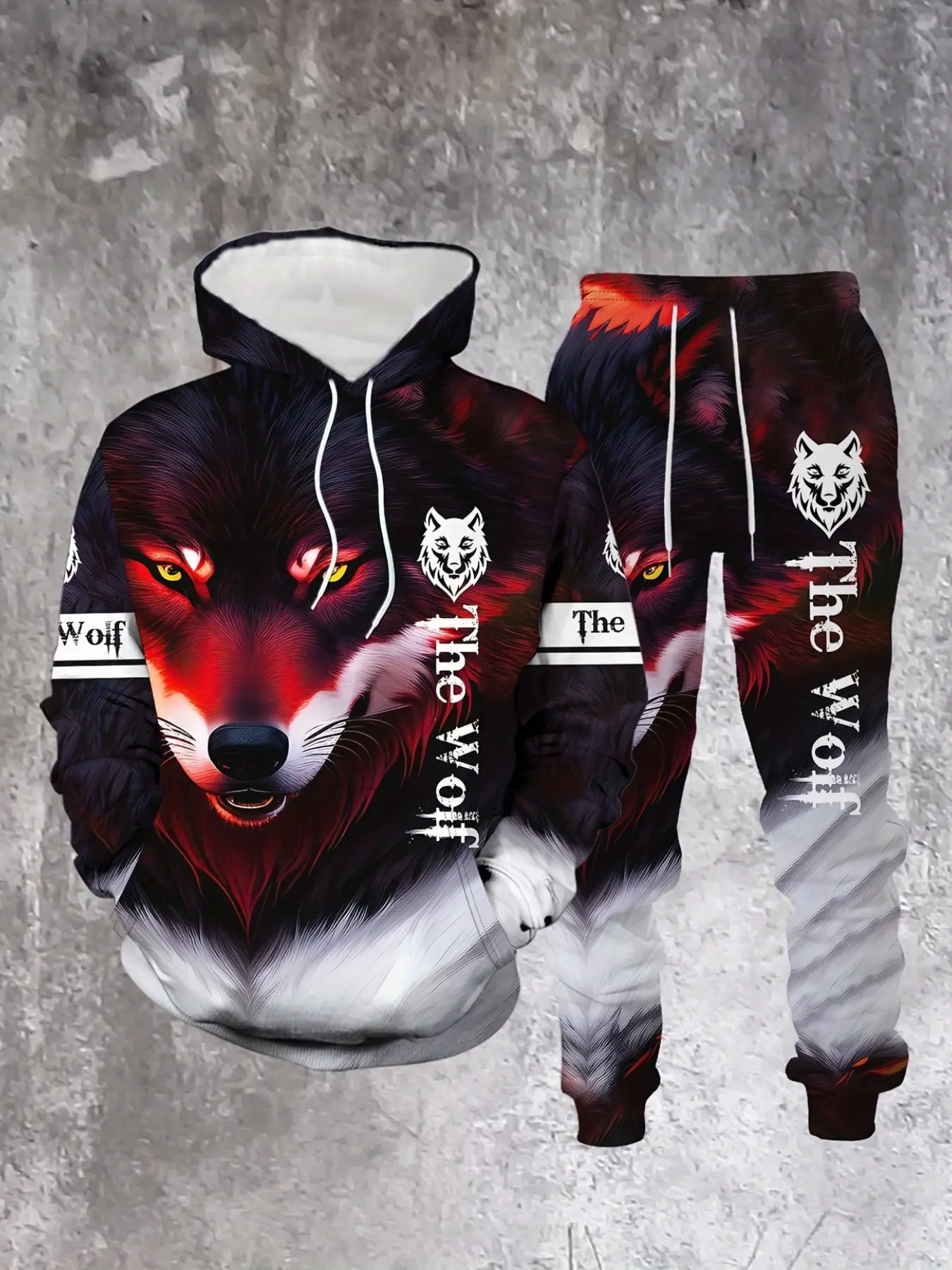 Men's 2-Piece Set Wolf Pattern Sweatshirt, Long Sleeve Casual Loose-Fit, Spring & Fall Fashion, Comfortable and Stylish