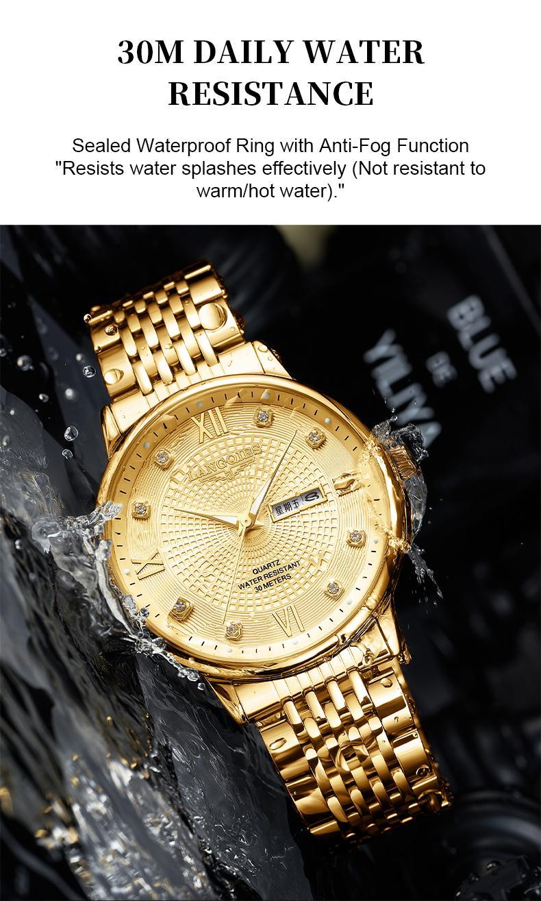 LANGQIES Elegant Multi-Function Men's Watch with Original Swiss Movement, featuring Dual Calendar, 42mm Dial, Sapphire Crystal, Stainless Steel Band, and Luminous Water-Resistant Design.
