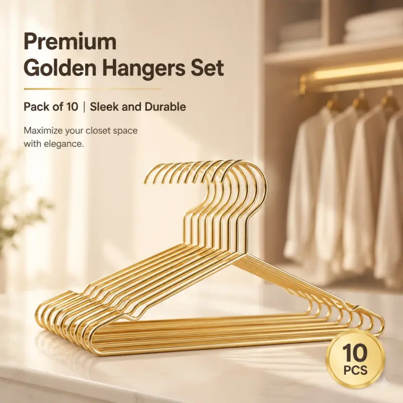 10 Pack Premium Golden Metal Clothes Hangers, Anti-Slip Notched Garment Holders, Heavy Duty Space Saving Closet Organizer For Shirts, Dresses And Daily Clothes