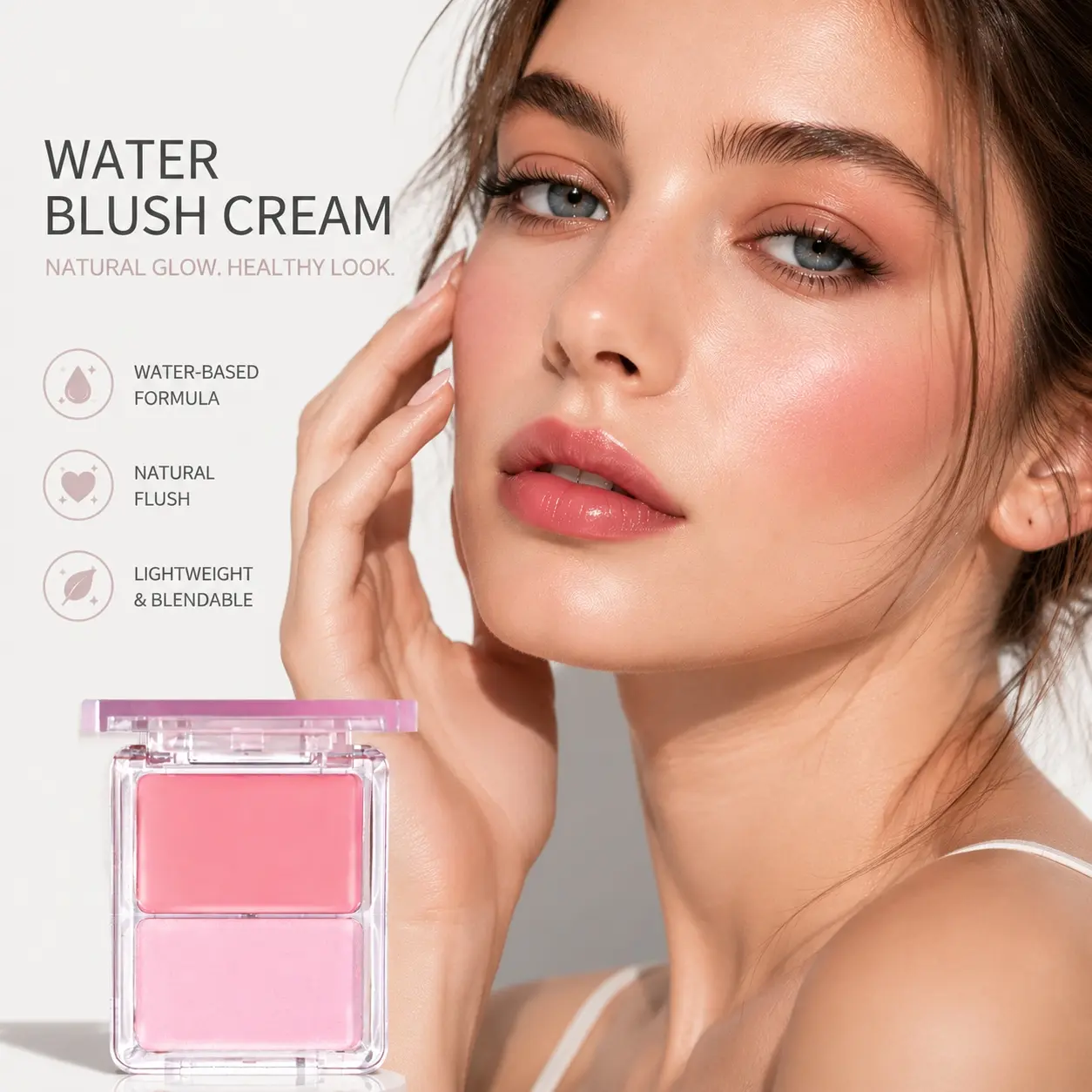 HISYI Dual Shade Water-Based Blush Cream Palette, Watery lightweight gel texture melts seamlessly into skin with zero caking or patchiness, creates natural dewy healthy flush glow. Long-lasting sweat-proof waterproof all day even with heavy sweating