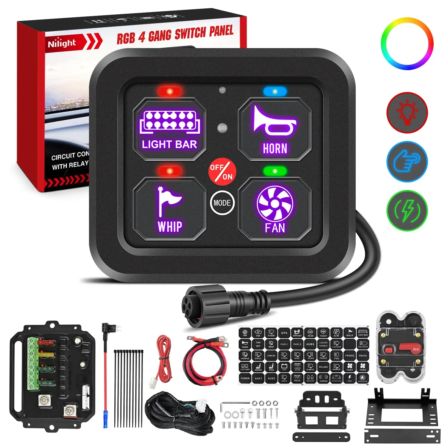 Nilight 4-Gang Multifunctional Car Control Switch Panel - 12V-24V Universal Compact Center Console Circuit Control Relay System with RGB Backlight, Fuse Wiring Harness, Automatic Dimmable ON-OFF LED Pod, Car Accessory for SXS, Campers