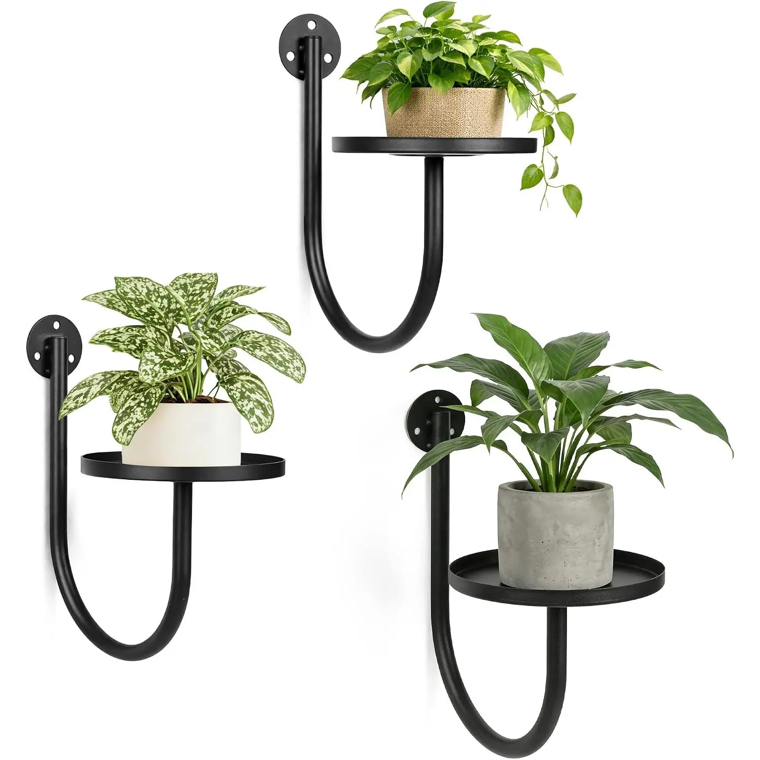 Black Modern Wall Plant Holders - 3-Pack Wall-Mounted Hanging Shelves for Indoor Use, Window Plant Hangers for Living Room Bedroom Decor, Hanging Shelf