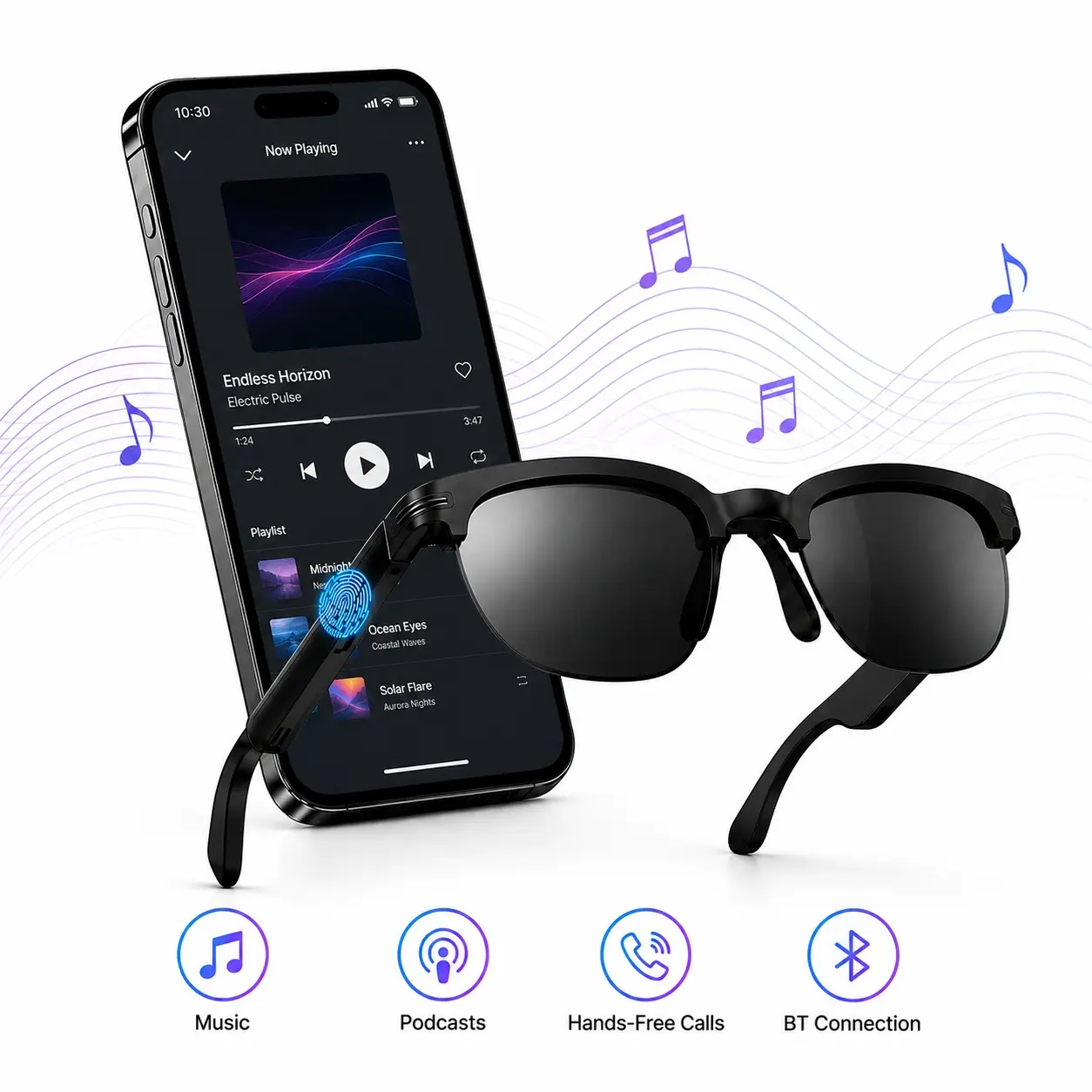 Smart Glasses, Open-Ear Bluetooth Audio Sunglasses with Built in Microphone, Music, Hands-Free Calls, Touch Control and Voice Assistant