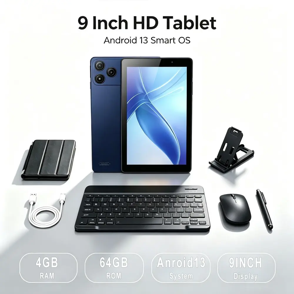 9‑Inch HD Screen Android 13 Cellular Touchscreen Tablet PC,4GB RAM+64GB ROM,Dual Slot Phone Call Tablet,WiFi Bluetooth Smart Tablet With Keyboard Mouse Leather Case Stylus Pen Stand,Network Call‑Supported Tablet for Daily Study & Entertainment