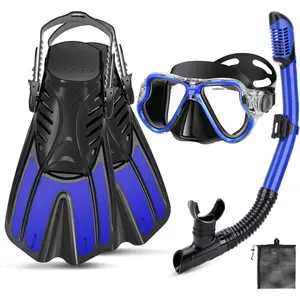 Snorkeling Gear for Adults, 4 in 1 Adult Snorkel Set with Panoramic View Snorkel Mask, Dry Top Snorkel, Adjustable Short Fins and Travel Bag, Snorkel Set with Fins for Snorkeling Diving