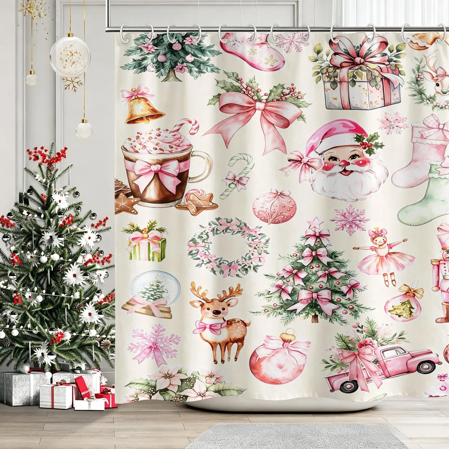 Watercolor Pink Bow Santa Claus Christmas Tree Reindeer Nutcracker Ballerina Bath Curtain, Oxford Waterproof Mold-Resistant, 12 Hooks Easy Install, Gentle Girly Shower Curtain, Holiday/Daily Bathroom Decor