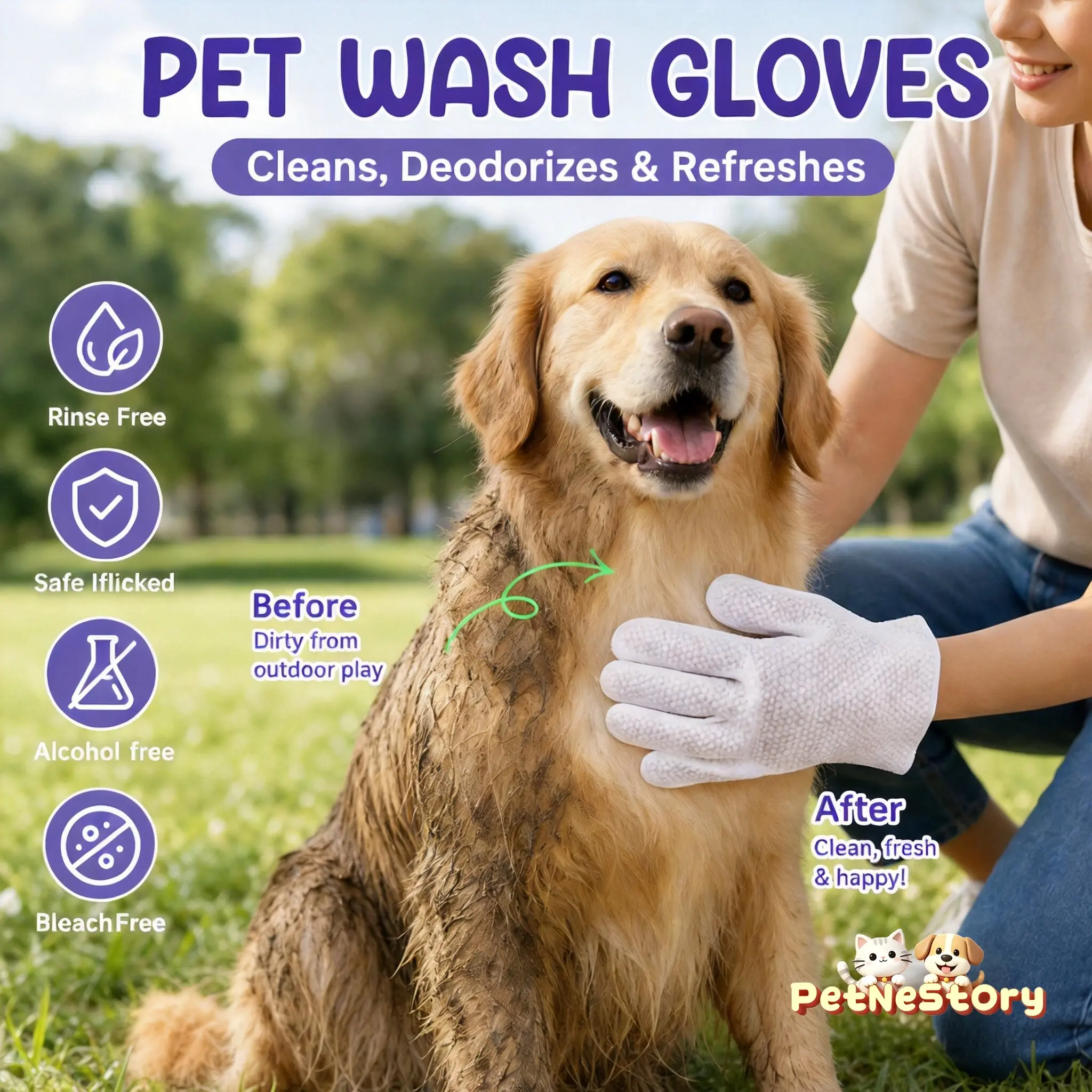 Pet Wash Gloves, Dog Bath Deodorizing Wet Wipes, Cat Grooming Hair Removal Dry Clean, No Water Needed, Foot and Body Cleaning