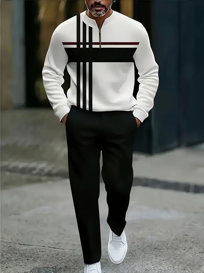 Half Zipper Fashion Casual Set with Trendy and Personalized Stripe Design, Simple, Comfortable and Versatile Half Zipper Fashion Casual Set with Trendy and Personalized Stripe Design, Simple, Comfortable and Versatile