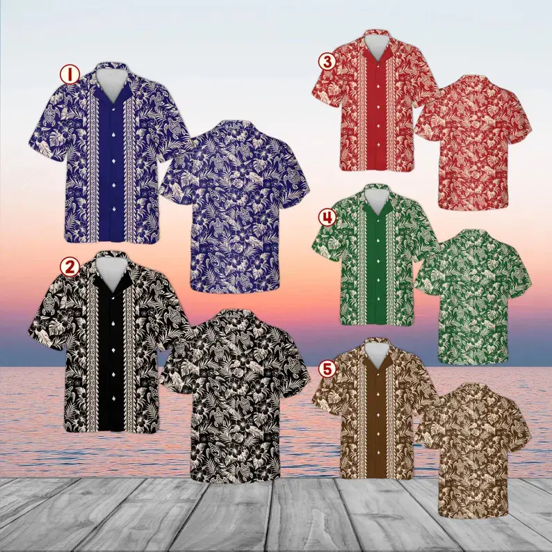 Men's Hawaiian Turtle Print Button-Down Shirt - Polynesian Tribal, Hibiscus Floral, Polyester, Casual, Stylish Unisex Summer Beach Tops, Tropical Gift