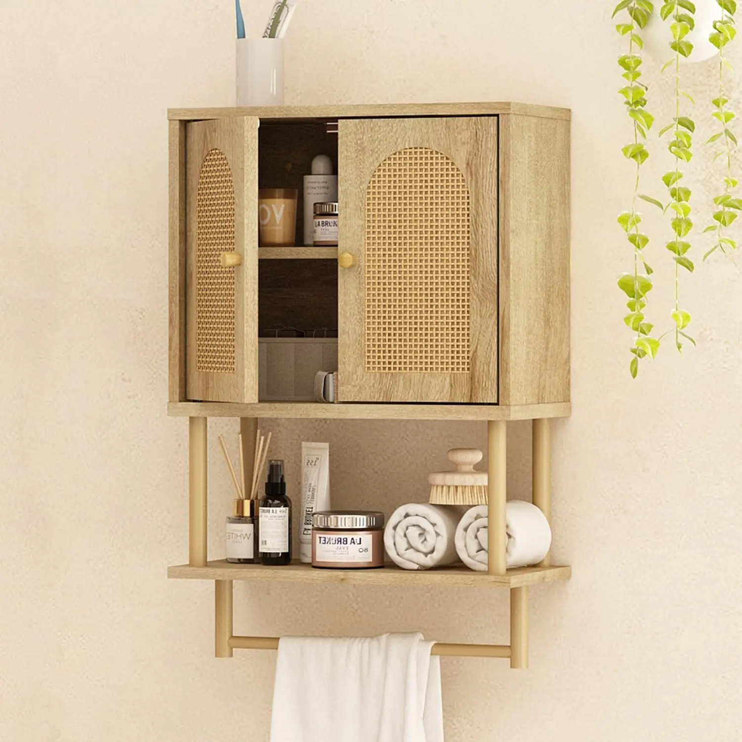 Rattan Bathroom Wall Cabinet, Modern Boho  Cabinet with Two Arched Rattan Doors, Over The Toilet Storage Cabinet with Adjustable Shelf and Towel Bar for Bathroom (, Small)