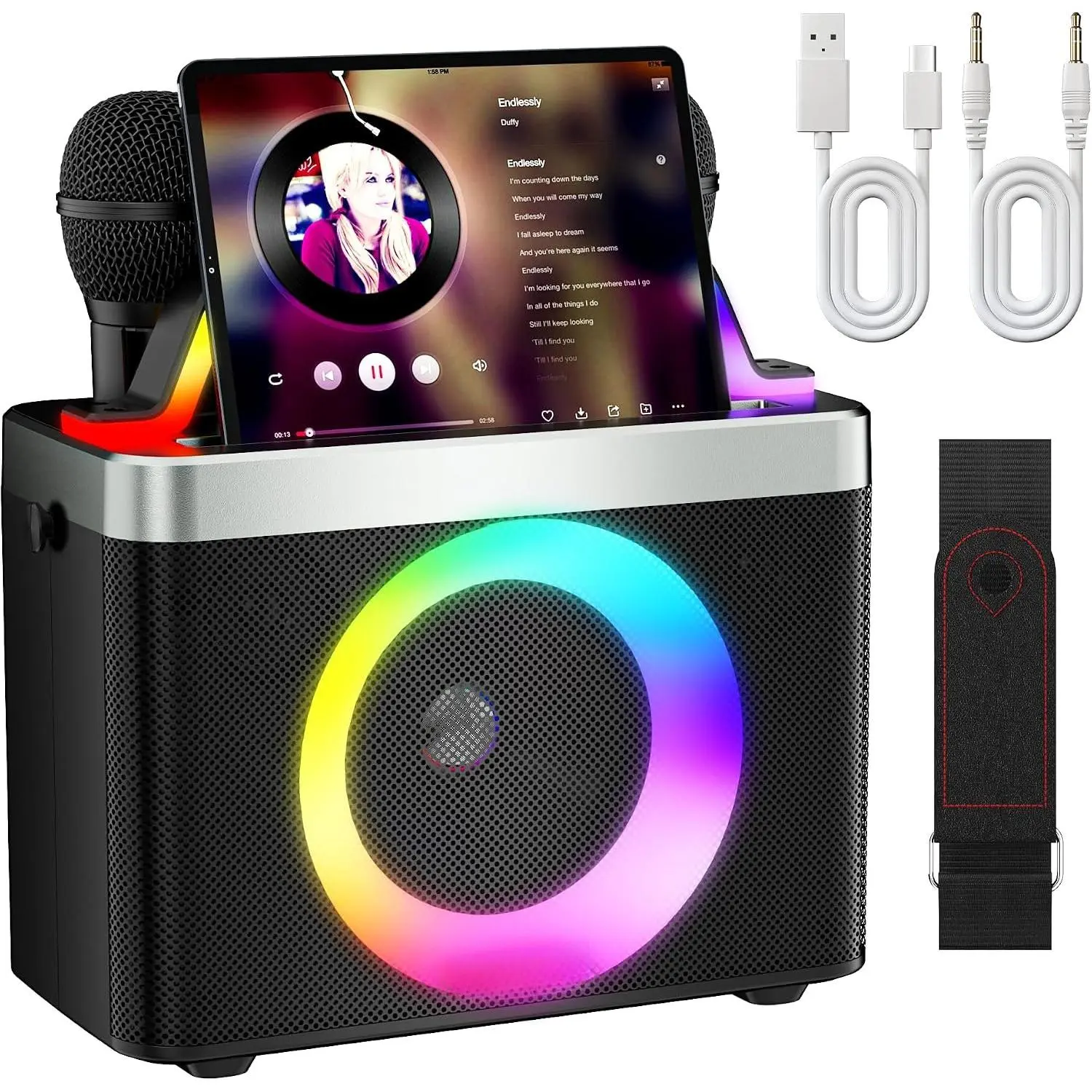 Portable  Karaoke Machine for Adults &  - 2  Microphones,  Strap, Fun Voice Change, Support USB/AUX, for Outdoor Events Party Gifts