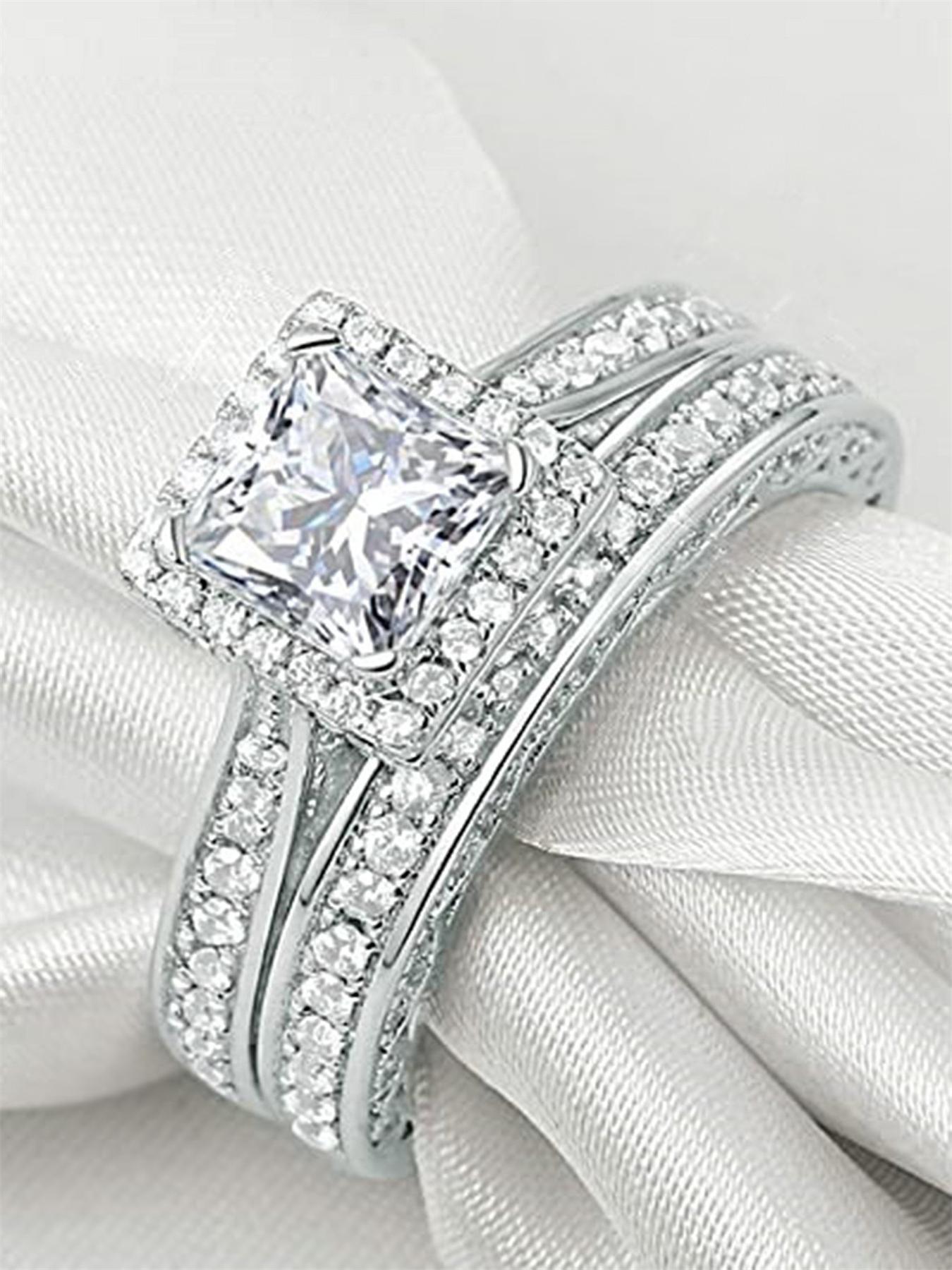Elegant Rhinestone Decor Rings As Gift for Girlfriend, 2pcs/set Fashion Cluster Ring Bridal Engagement Ring for Wedding Party & Engagement Decor, Iced out Jewelry for Her, Statement Rings