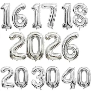 32inch Silver Number Foil Balloons Large Digit 0-9 Helium Globos Happy Birthday Party Decor Wedding Anniversary Graduation 2026