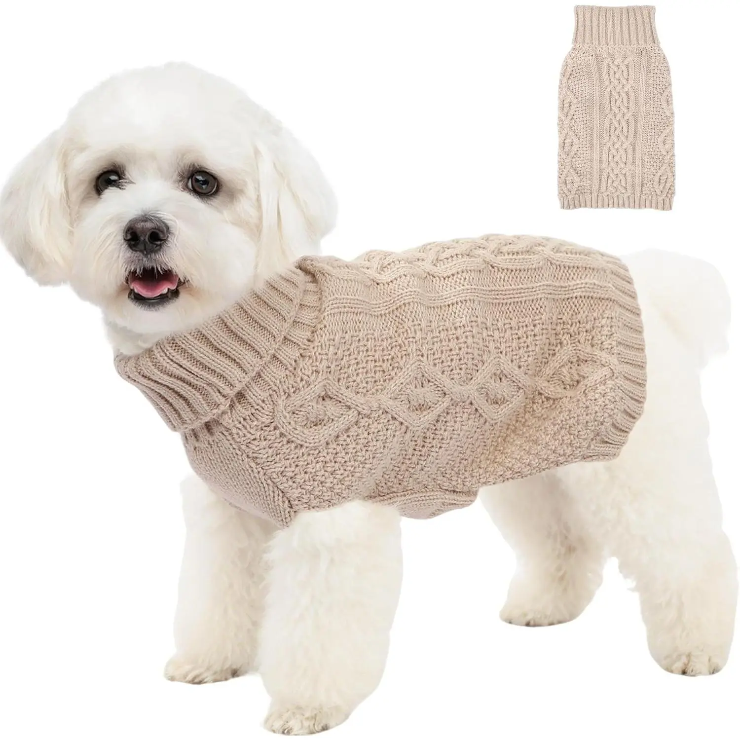 Knitted Dog Sweaters for Small Dogs Warm Winter Sleeveless Turtleneck Puppy Sweater Twisted Design Dachshund Doggy Pullover Knitwear Pet Cat Outfit (Beige, Medium)