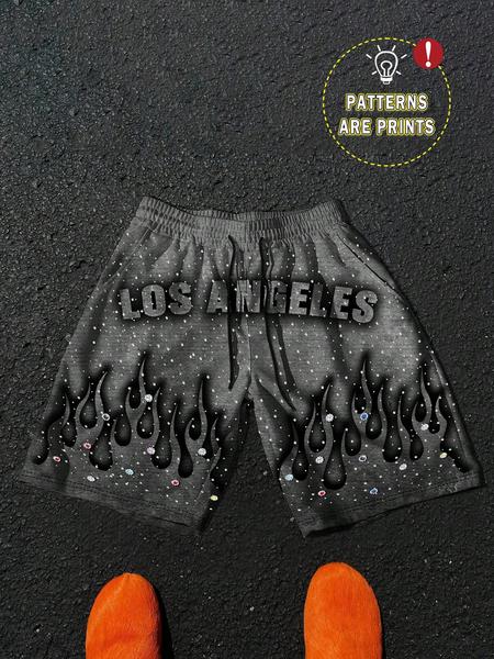 Manfinity Emrg Men's Summer Casual Street Colorful Rhinestone Letter Flame Print Loose Drawstring Shorts, Fitted Fit for Stylish Look Graphic Print Shorts