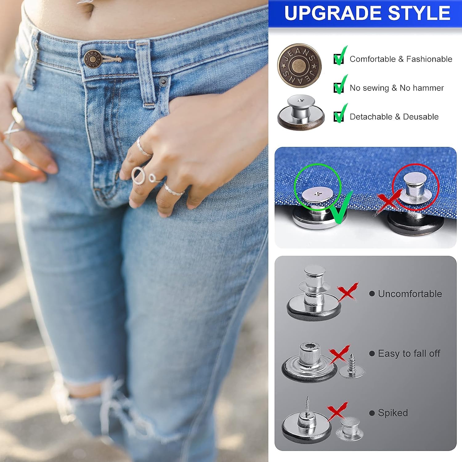 12 Sets Adjustable Buttons for Jeans, 20mm No Sew  Metal Buttons, Removable Jean Buttons Replacement Repair Kit with Threads Rivets and