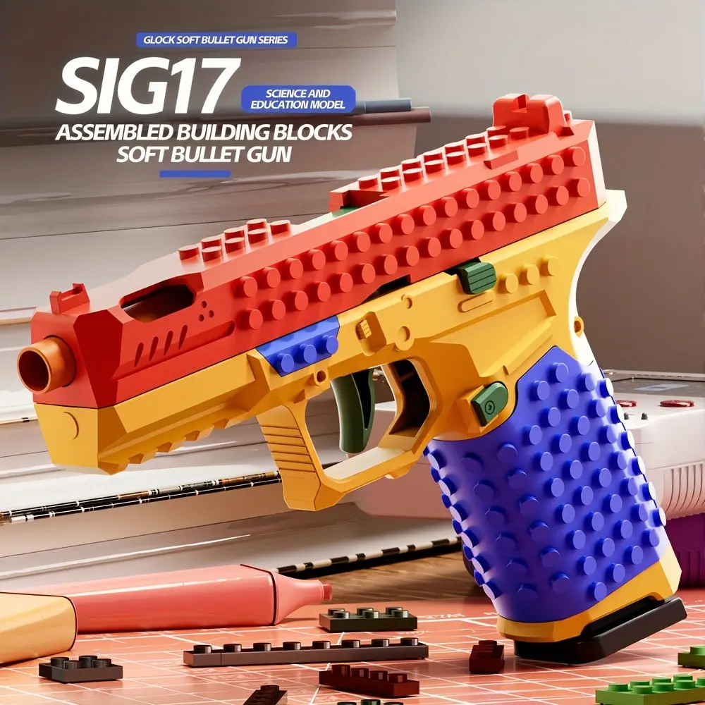 Automatic Shell Ejection Building Blocks Toy Gun, DIY Mechanical Soft Bullet Blaster Model Kit, STEM Construction Puzzle Set with Shooting Action, Cool Birthday Gift for Teens & Adults