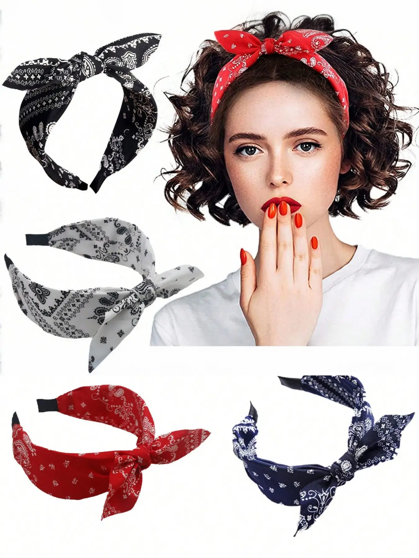 4pcs Vintage Paisley Flower Bowknot Rabbit Ear Fabric Hairband Headband For Women, Hair Hoop, Hair Accessories, Bunny Earbands