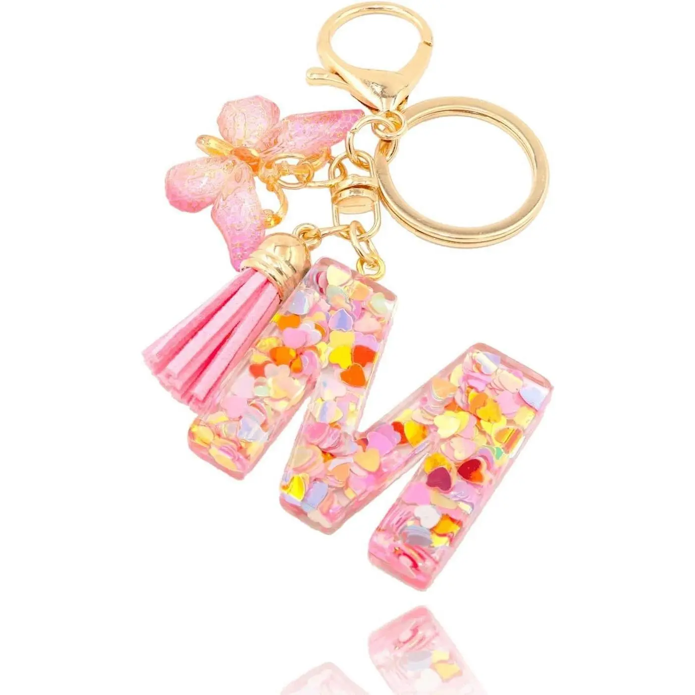 Initial Letter Resin Keychain with Butterfly Sequins & Tassel, Cute Alphabet Name Keychain Gift for Women(Gift)