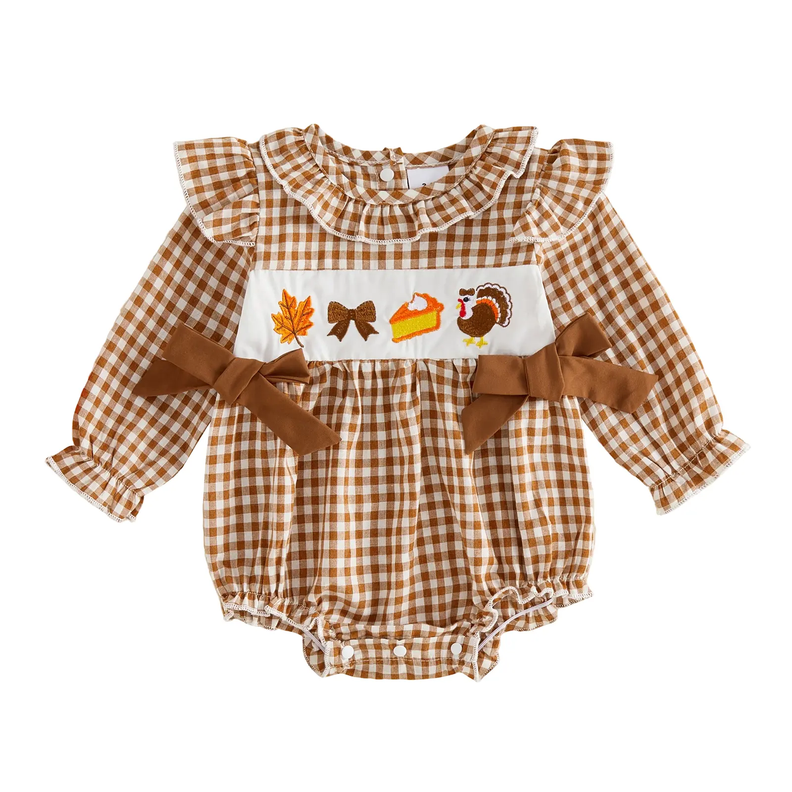 Meihuida Thanksgiving Baby Girl Gingham Bubble Romper Long Sleeve Ruffle Collar Maple Leaf Pie Turkey Embroidery Bodysuit Fall Clothes 0-18M