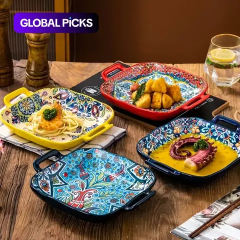 Bohemian Ceramic Square Serving Plates with Handle, 4 Counts/set Salad Plates for Home Kitchen and Dining Room Ceramics Plate #GLOBAL PICKS