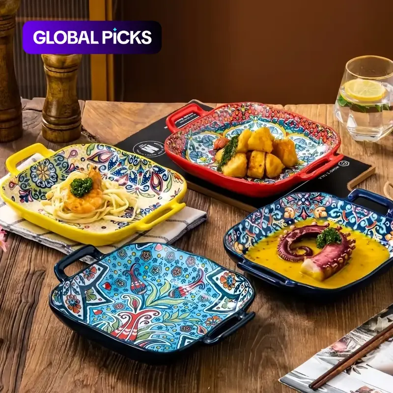 Bohemian Ceramic Square Serving Plates with Handle, 4 Counts/set Salad Plates for Home Kitchen and Dining Room Ceramics Plate #GLOBAL PICKS