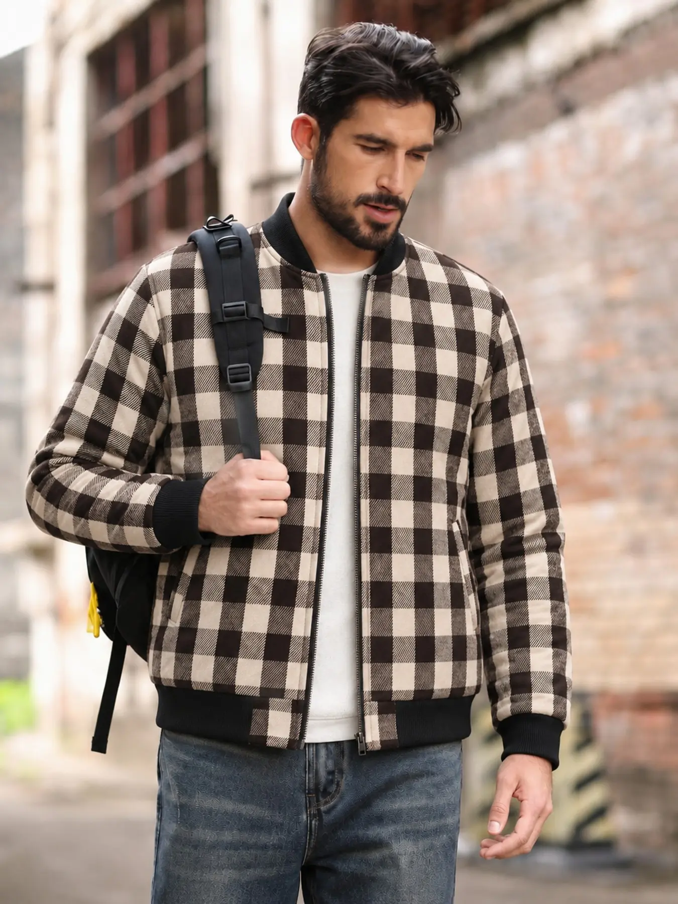Men's Vintage Plaid Baseball Jacket, Checkerboard Colorblock Ribbed Hem Design, Fleece Lined Warm Cozy Fabric, Casual Outerwear for All Seasons