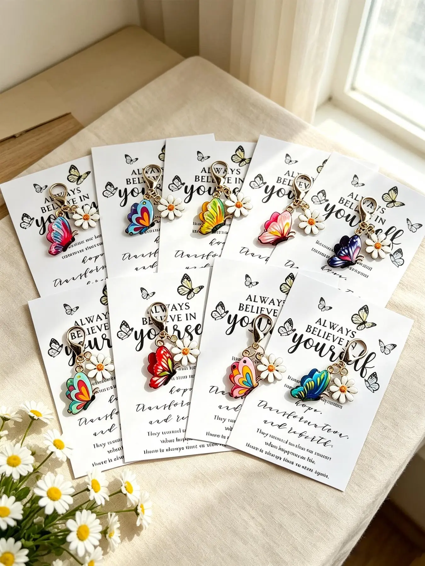 9pcs Butterfly Keychain with Inspirational Believe‑in‑Yourself Greeting Card, Enamel Butterfly Daisy Charm Key Ring, Motivational Gift for Women Girls Friends Birthday Party Favor
