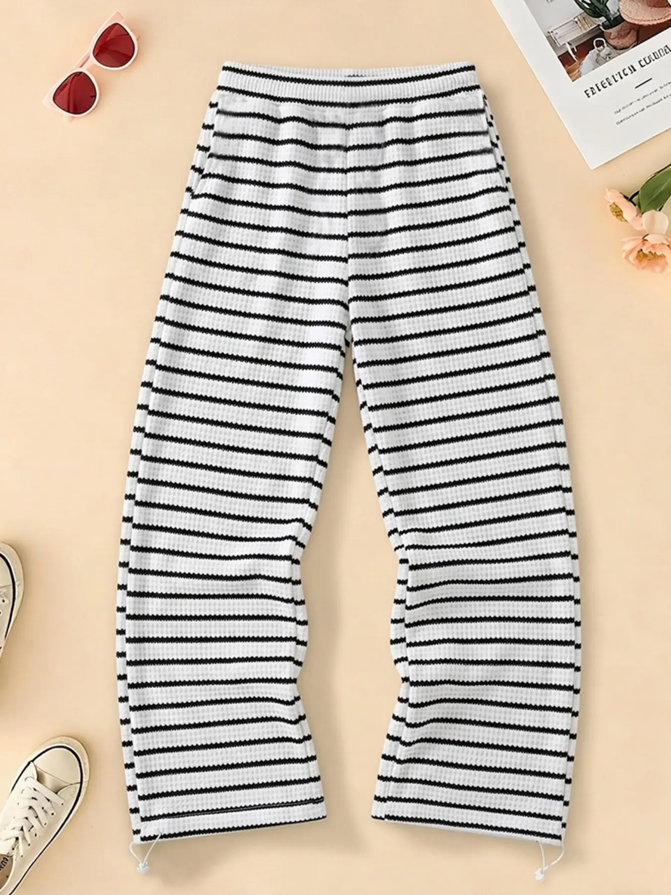 Women's Striped Waffle Drawstring Sweatpants, Loose Fit Waistband, Casual Sporty Long Pants, All-Season Wear