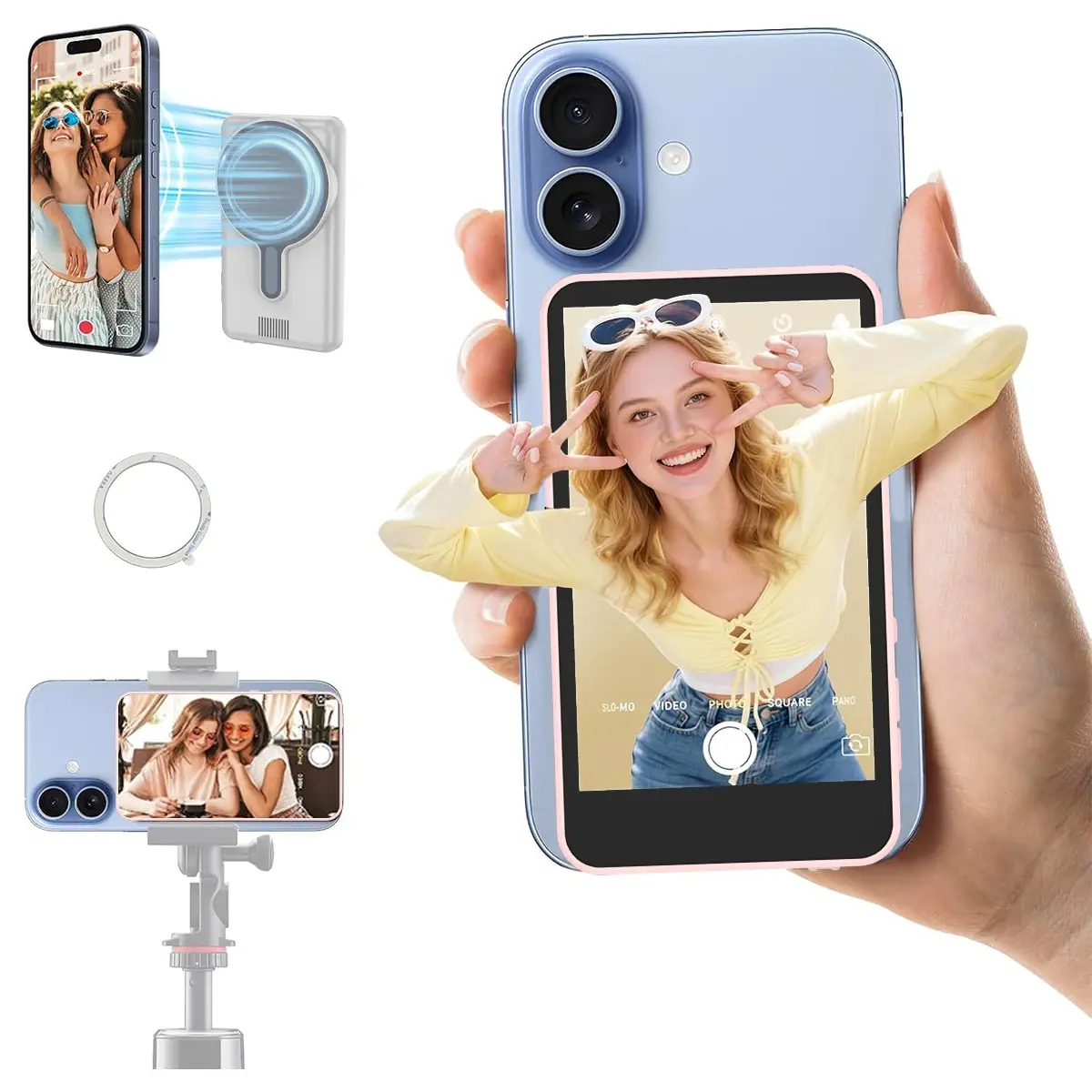 Magnetic Phone Hands Free Vlogging Selfie Monitor Screen, 1080P Wireless Recording, Bluetooth-compatible Remote, Compatible with iPhone and Android