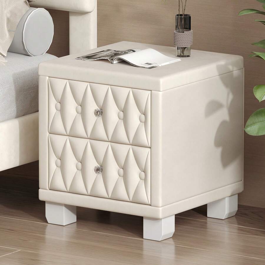 Elegant Beige Velvet Nightstand with 2 Drawers & Crystal Handles, Button-Tufted Design, Storage Bedside Table with Button-Tufted Details, Beige