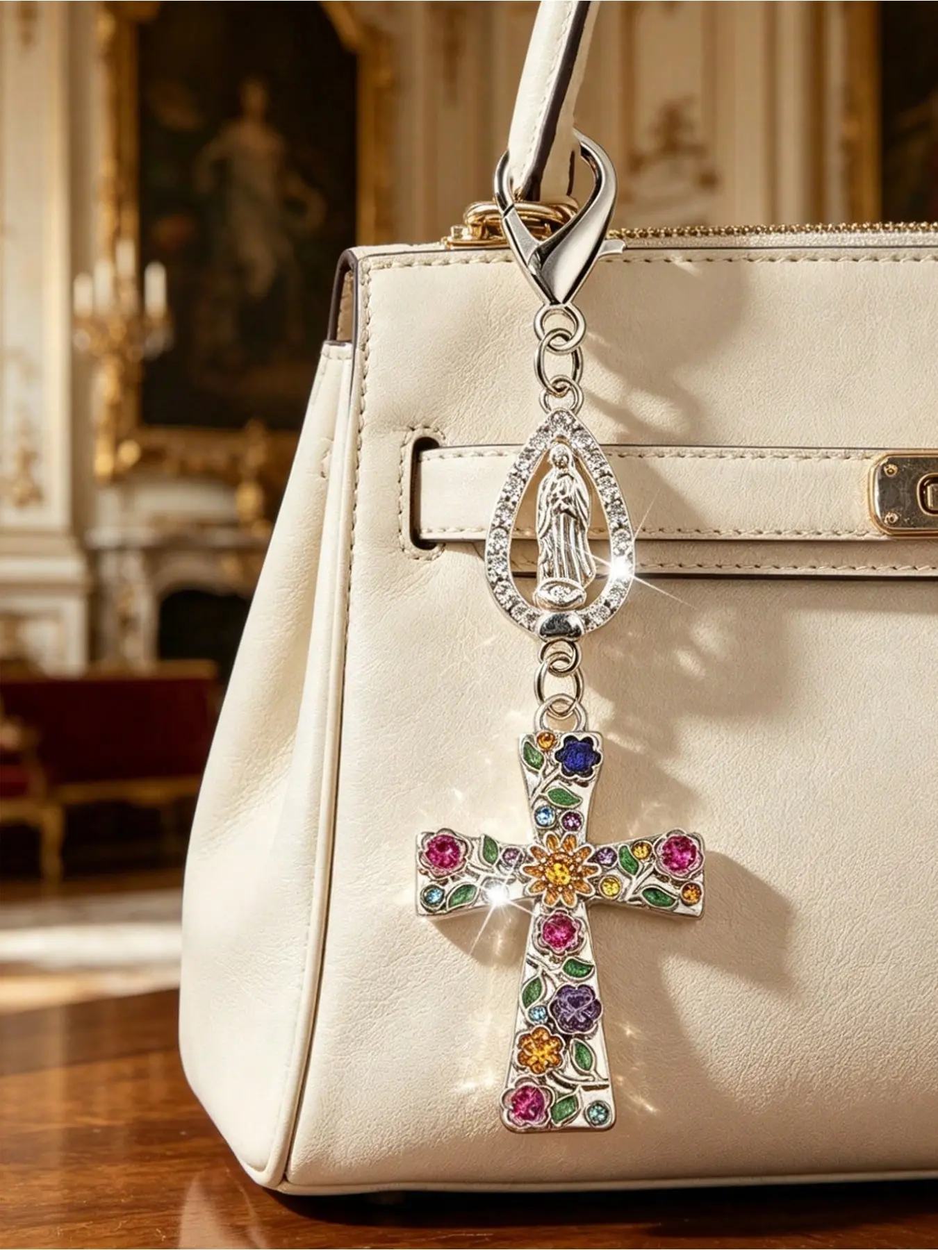 Gemstone Flower Silver Color Cross Keychain, Elegant Rhinestone Decor, Wallet Charm, Key Ring, Perfect Gift for Women, Valentine's Day Christmas