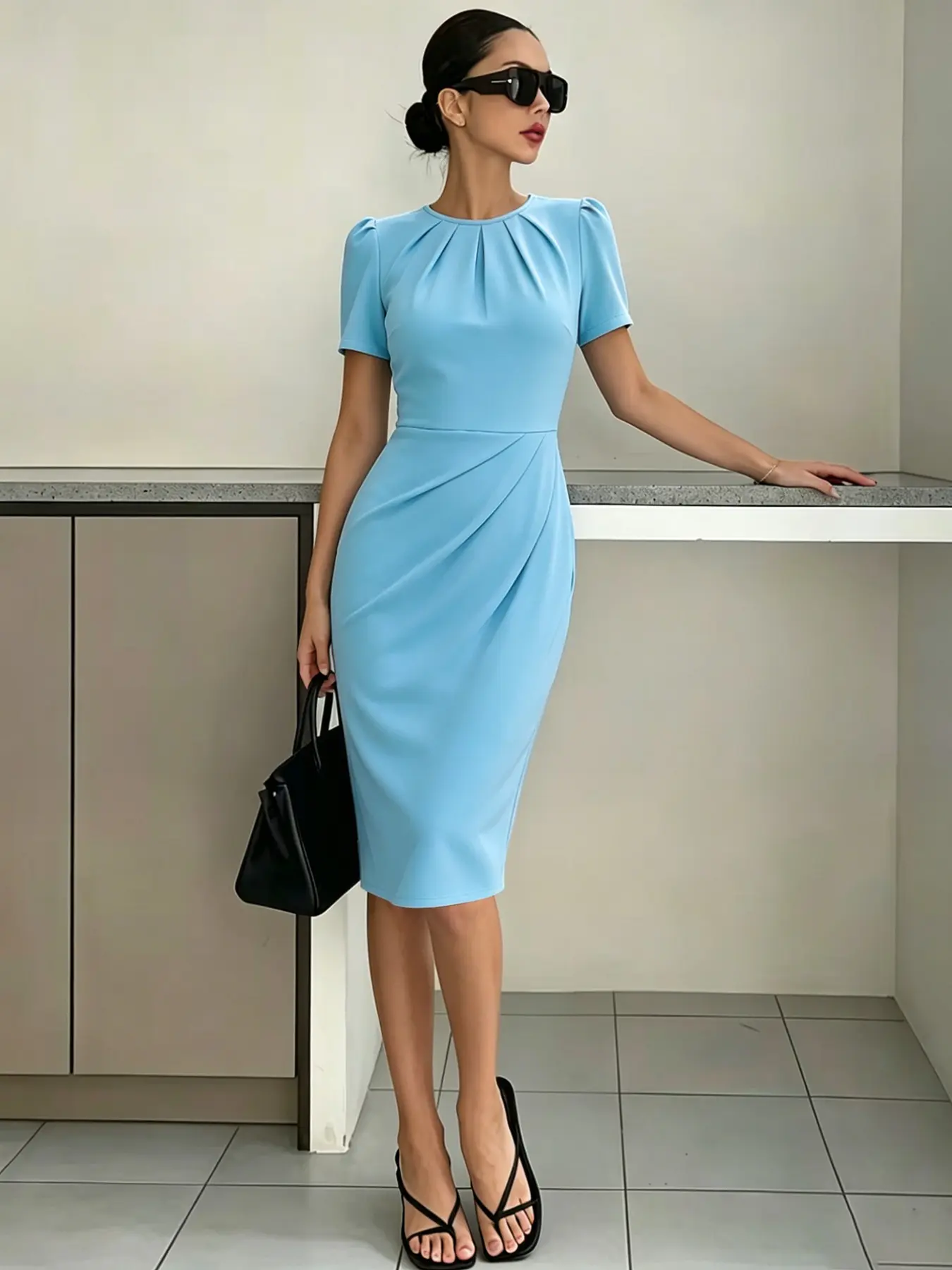 New European and American Style Women's Round Neck Pleated Formal Office Dress, Waist Cinch Half Sleeve Midi Dress, Elegant Chic Solid Color, Formal Wear