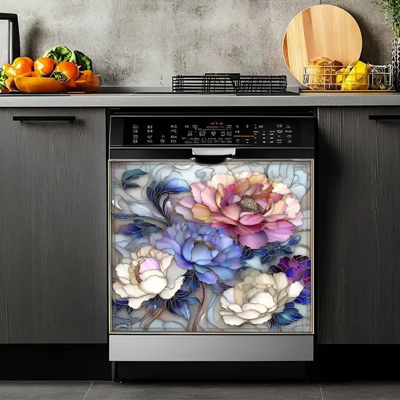 2D Flat 2Pcs Waterproof Dishwasher Stickers Artistic Peony Floral Design Kitchen Appliance Front Panel Cover Elegant Blue Pink Purple Flower Pattern Vinyl Decal Home Decor Removable Sticker for Washing Machine Refrigerator Cabinet Door