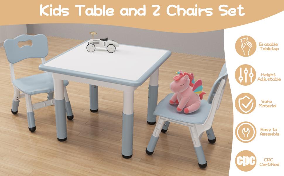 Garvee Adjustable Toddler Table and 2 Chairs Set with Graffiti Desktop, Non-Slip Design, Suitable for Home, Daycare, Preschool, Nursery, Ideal for Ages 2-8, Available in Beige and Blue