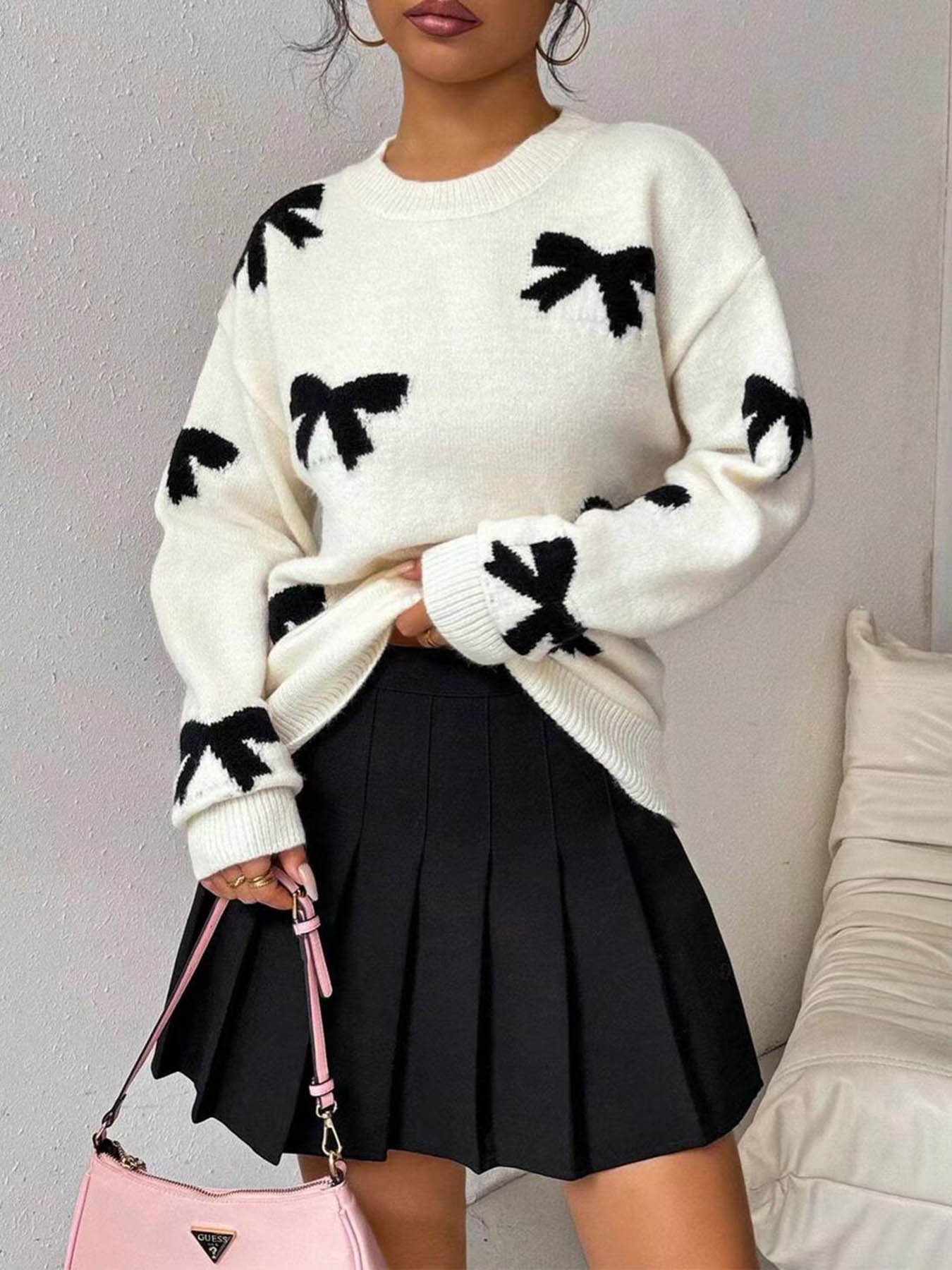 Women's Fashion Bow Print Casual Loose Knit Sweater, New Long Sleeve Pullover for Autumn and Winter, Knitwear, Tops