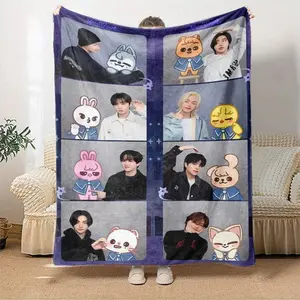 1pc Skz Character Collage Flannel Throw Blanket 2D Flat Print Lightweight Cozy All Season Use for Bedroom Living Room Camping