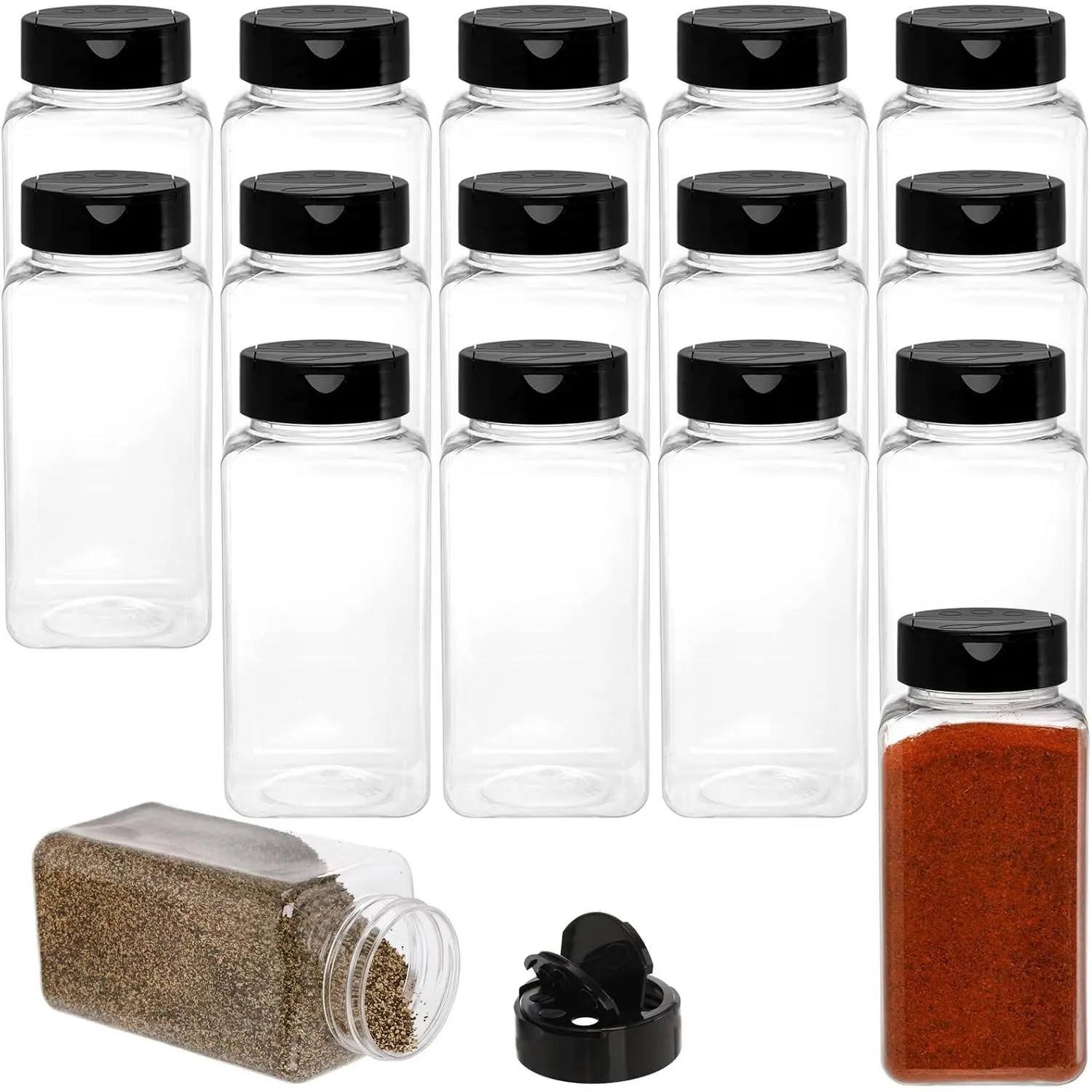 16 Pack 17 Fluid Oz Clear Plastic Spice Jars, Spice Containers and Bottles Seasoning Organizer with Black Lids