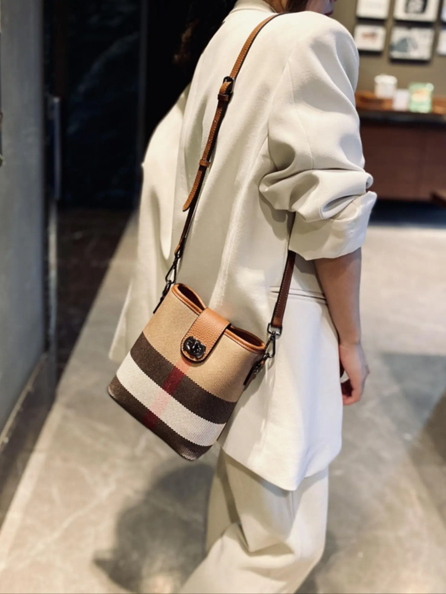 New 2026 Large Capacity Women's Crossbody Bag, High-End Plaid Bohemia Style Leather Canvas Casual Phone Bag, Fashionable Daily Credit Card Wallet, Crossbody Shoulder Purses