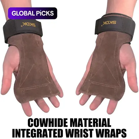Cowhide Weightlifting Grips Palm Protection with Wrist Wraps, 1 Pair Hand Grips for Gym Workout Training, Wrist Support for Men & Women, Workout Accessory, Fitness Accessories #GLOBAL PICKS