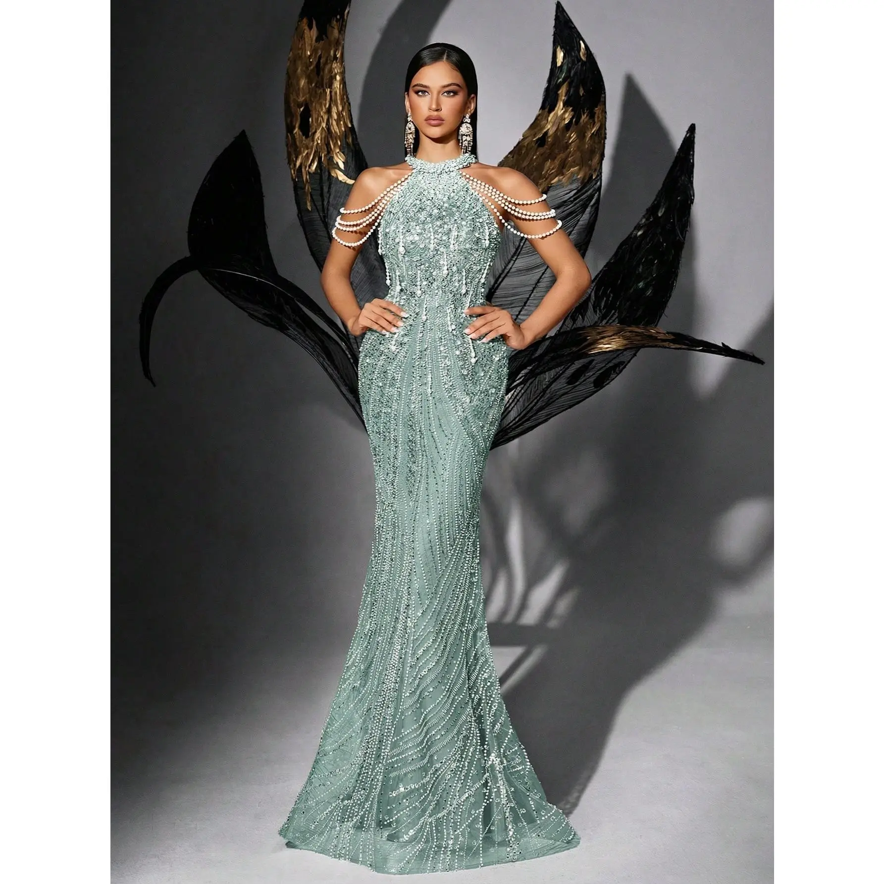 Women's High Halter Beaded Chains Multi-Layer Pearl Floor-Length Mesh Textile Mermaid Gown - Full Sheer Formal Dress for Garden Banquet, Studio Fashion Shooting - Hand Wash Clothes