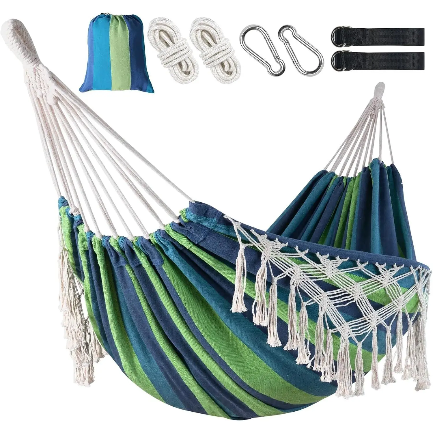Brazilian Style Double Hammock with Fringe, 2 Person Patio Hammock for Backyard & Indoor Relaxation, Soft Breathable Fabric, Easy Setup with Straps & Carry Bag, 360 lbs Capacity