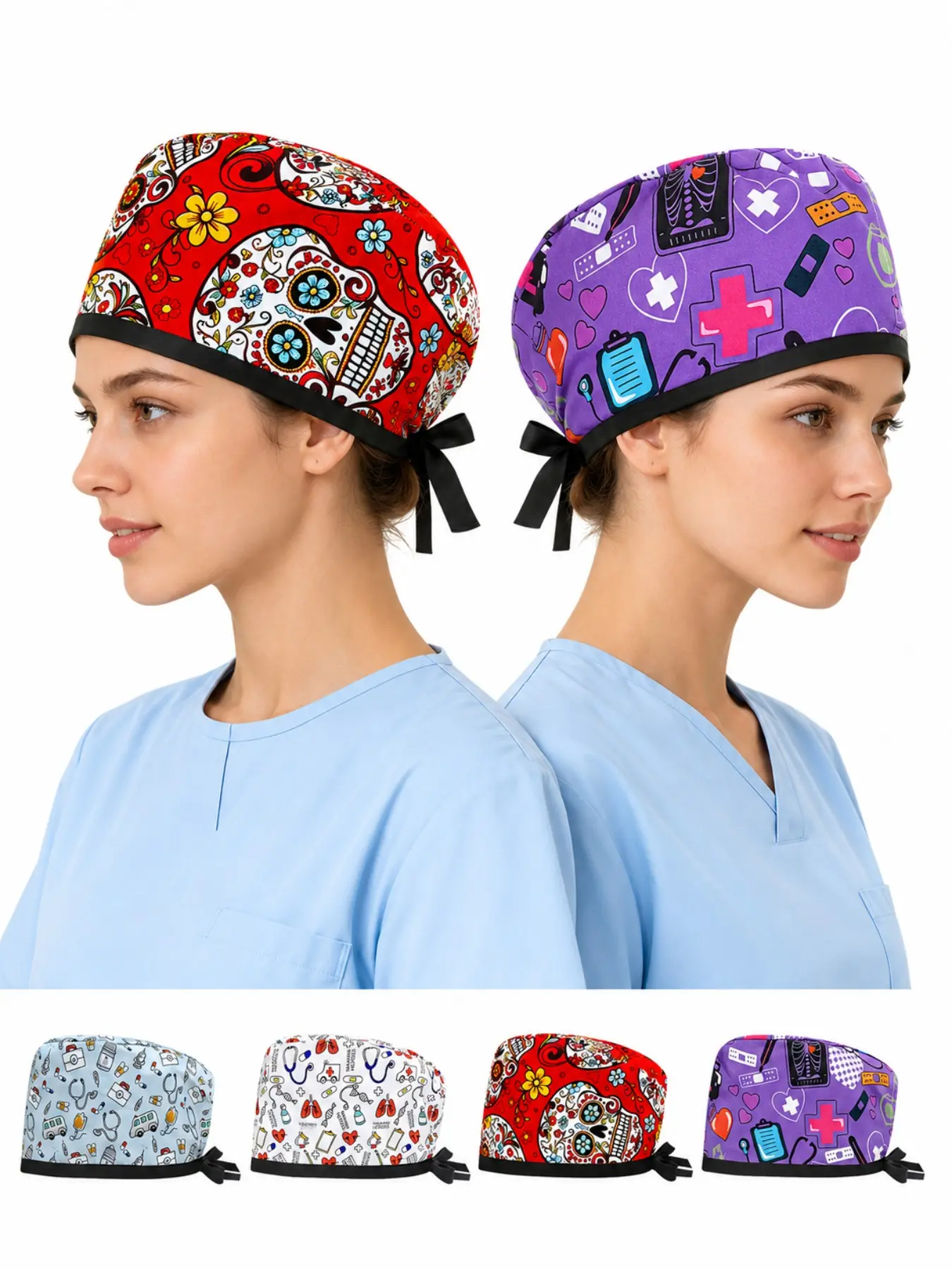Printed Scrub Cap with Adjustable Tie Back, Unisex Medical Work Cap for Nurses, Doctors & Dental Staff