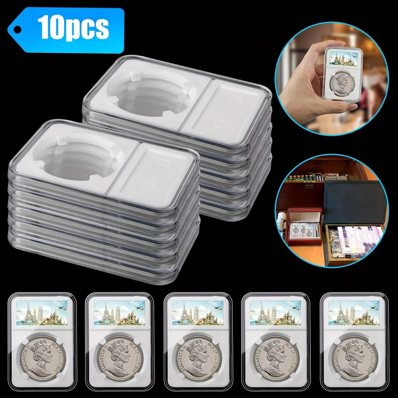 10 Piece Coin Display Rack, Scratch-Resistant Plastic Transparent Coin Protector Box, 40mm, Ideal for Challenge Coins, Memorial Coins Storage