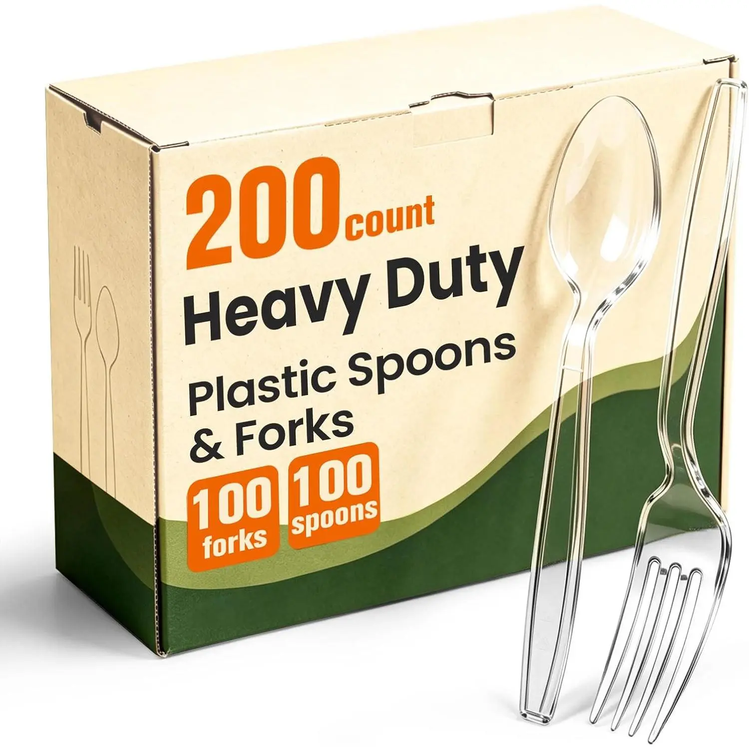 200 Count Plastic Silverware Heavy Duty, 100 Spoons & 100 Forks,  | Heat Resistant Clear Plastic Forks & Spoons, Disposable Cutlery Set for Catering, Events, Daily Use