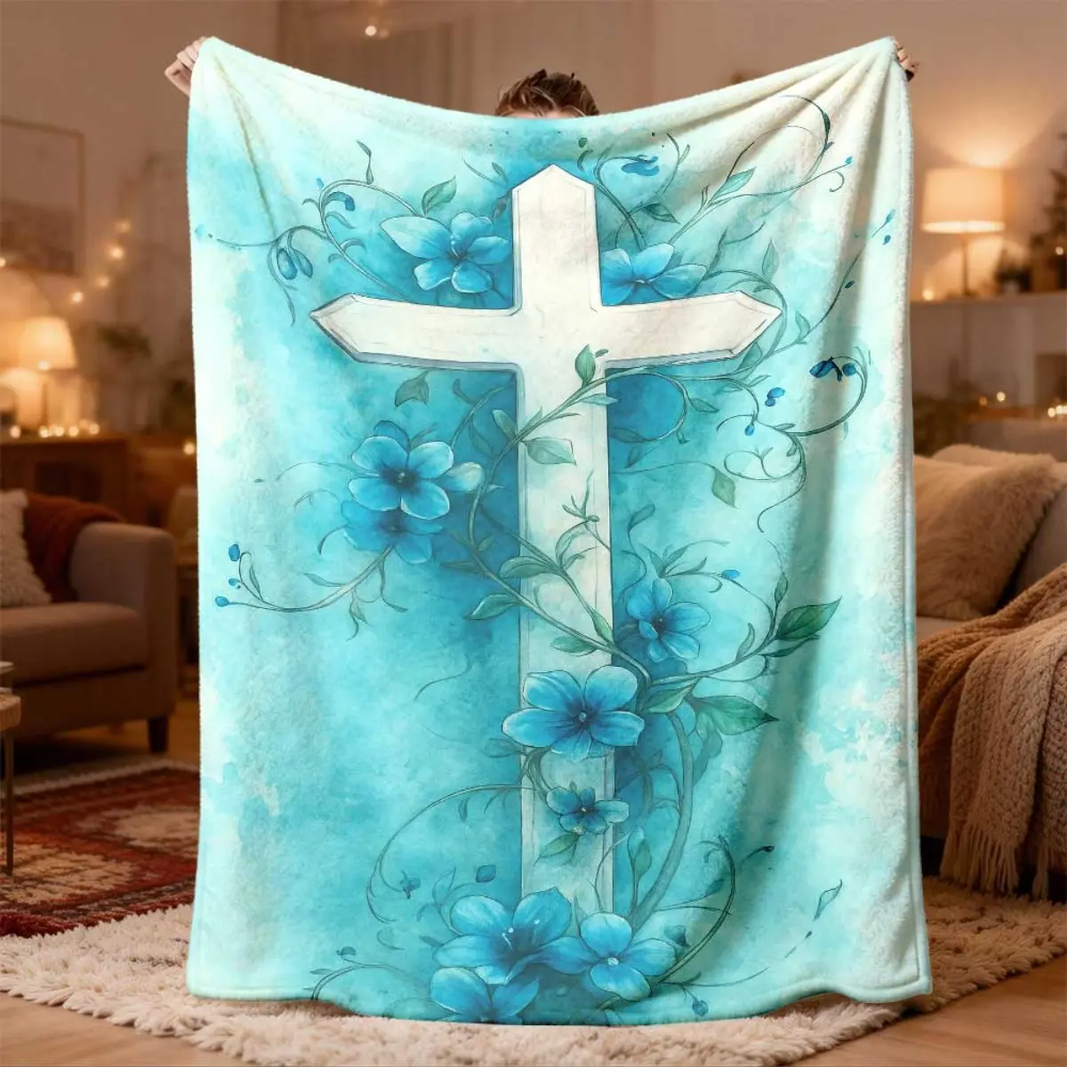 2026 New Collection Flannel Blanket Christian Cross & Blue Floral Religious Blanket Turquoise Blue White Gray Black UltraSoft Flannel AllSeason Bedspread, Couch Throw, Travel & Camping Machine Washable Spiritual Home Decor, Floral Bedding, Soft Blankets