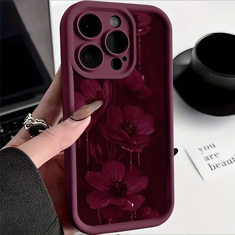 Aesthetic Burgundy Transparent Vintage Rose Floral Soft Silicone Phone Case For iPhone X XS XSMax 11 12 13 14 15 16 17 Plus Pro ProMax Mini Shockproof Raised Camera Lens Anti-Scratch Protective Cover, Accessories, Fits Ios