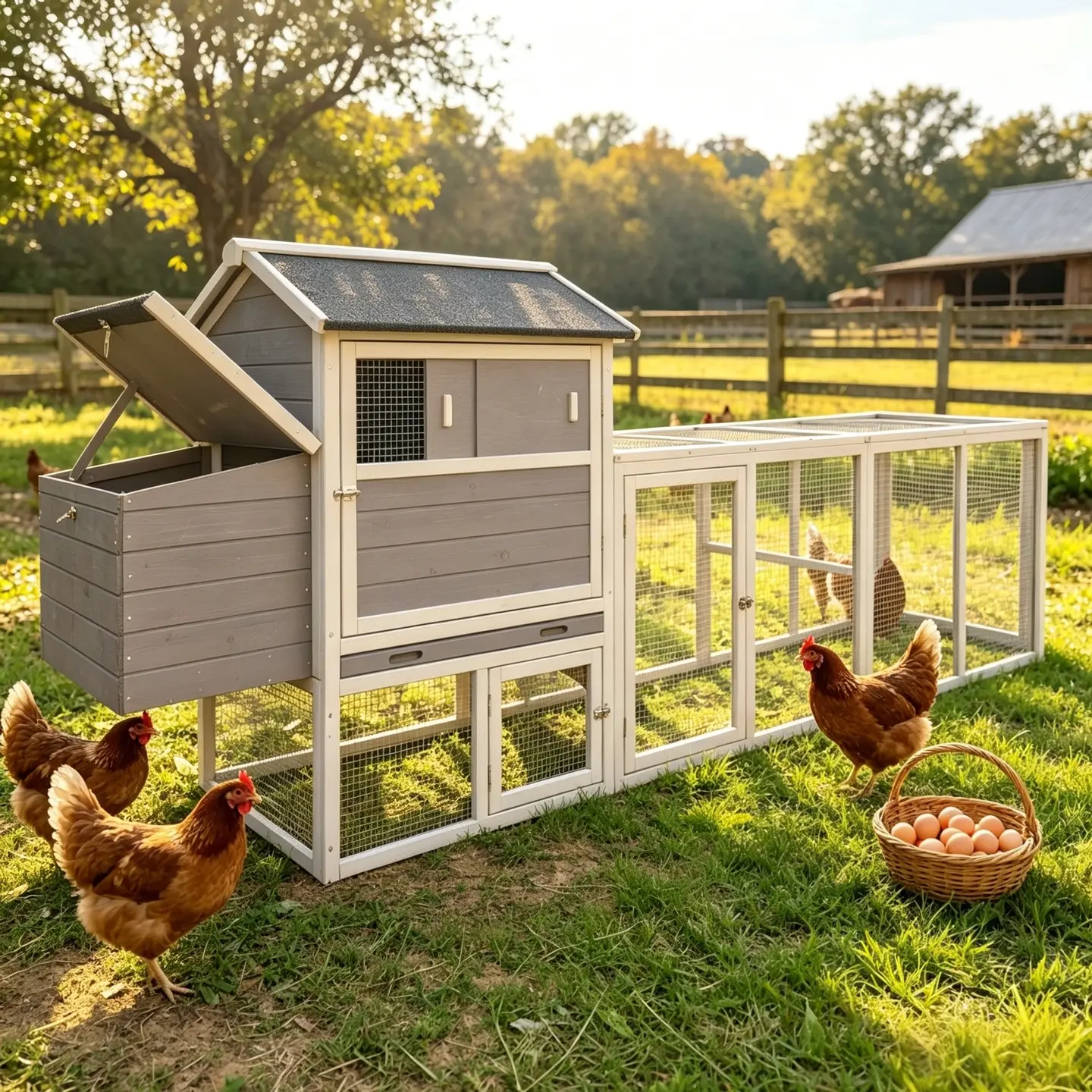 ARCH Large Solid Fir Wood Chicken Coop - Gray Outdoor Hen House with Run, Chicken Nesting Box, Waterproof UV Panel, Strong Lock for Backyard Outdoor Farm Use, 26.84 in W x (incomplete dimension) Poultry Cage Rabbit Hutch