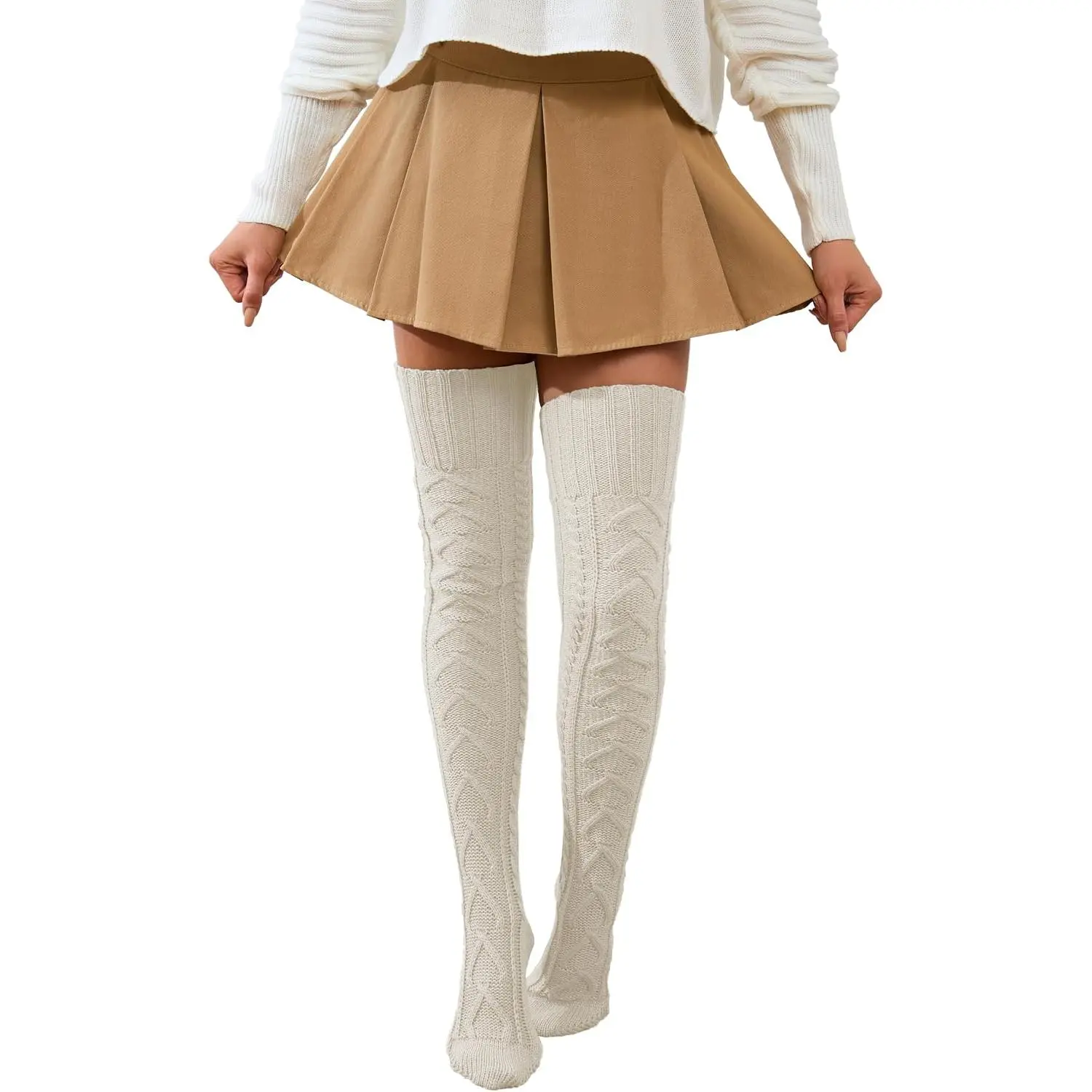 Women's Cable Knitted Over-Knee Boot Socks, Casual Sporty One Size Winter Stockings, Extra-Long Leg Warmers (Sports & Outdoor Accessories), Sporty Sports Socks